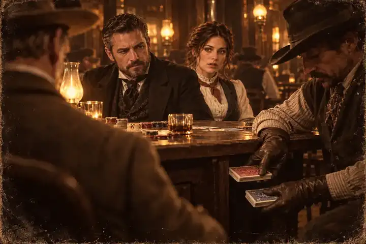 Lamp-lit saloon table: a dealer slips a second deck from under the table while a gambler and a young woman look on