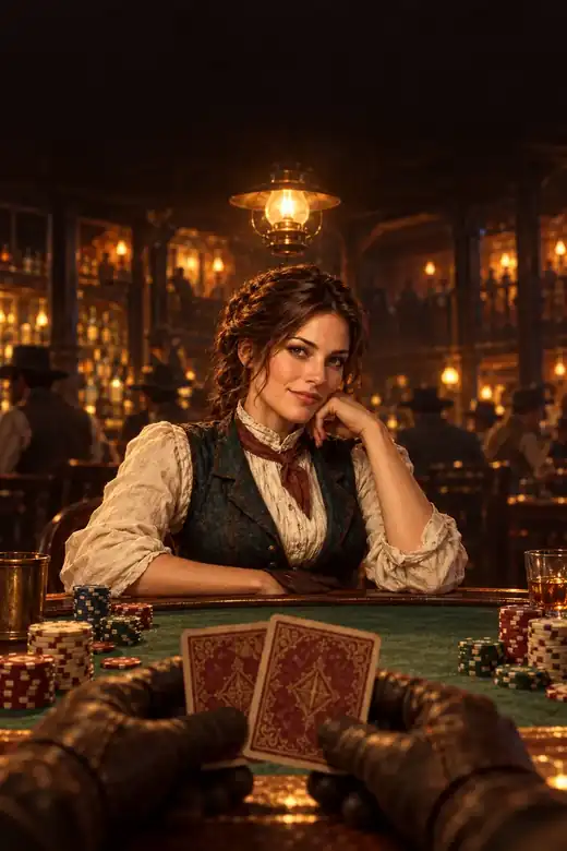 Nell Mercer leaning on a poker table under a lantern, smiling