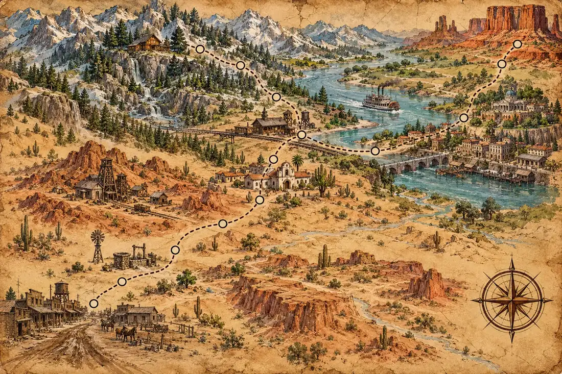 Hand-drawn frontier map: a dotted trail runs from a desert town bottom left, through mining hills and a mountain lodge, past a riverboat and a capital, to red mesas top right